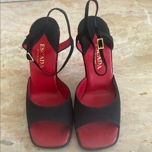 Escada Black and Red Block Heel Heels with Ankle Strap